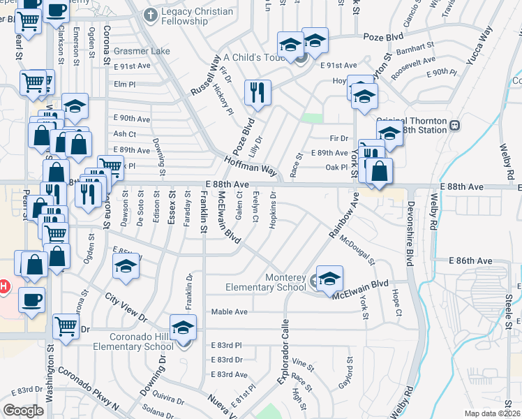 map of restaurants, bars, coffee shops, grocery stores, and more near 8731 Evelyn Court in Denver