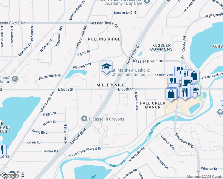 map of restaurants, bars, coffee shops, grocery stores, and more near Binford Boulevard & East 56th Street in Indianapolis