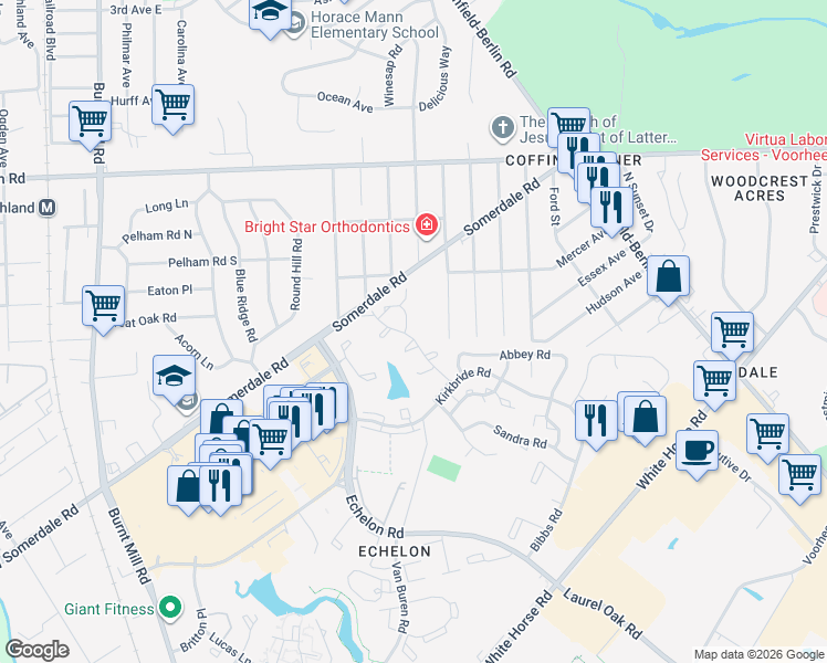 map of restaurants, bars, coffee shops, grocery stores, and more near 1087 Pendleton Court in Voorhees Township