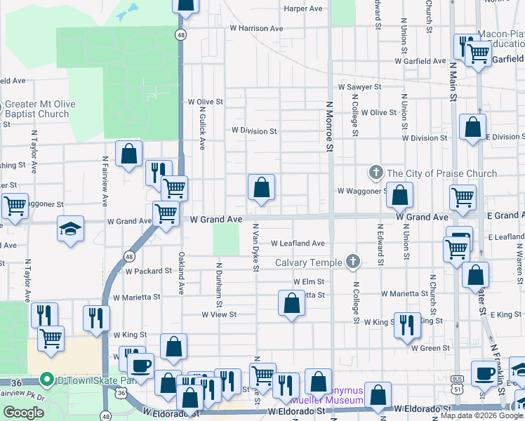 map of restaurants, bars, coffee shops, grocery stores, and more near 876 West Grand Avenue in Decatur