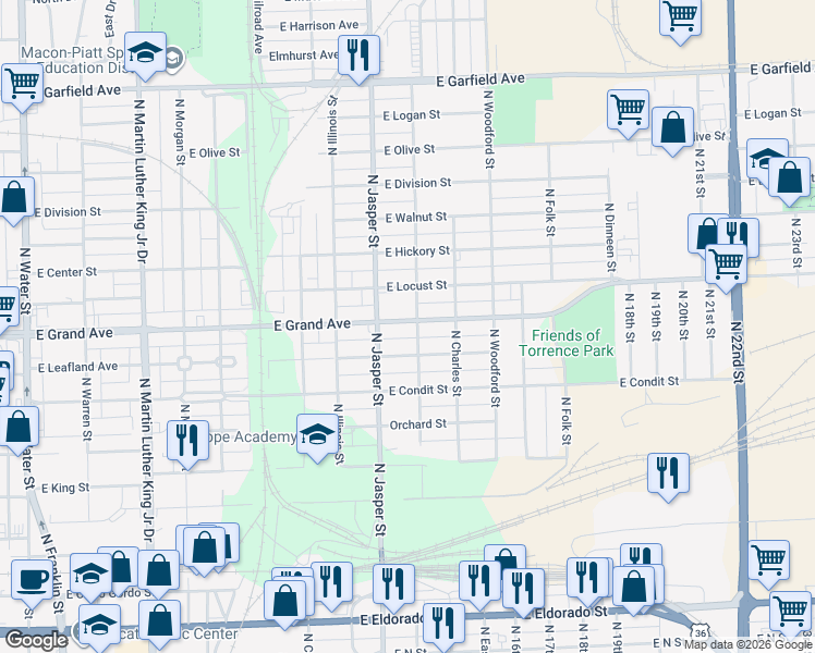 map of restaurants, bars, coffee shops, grocery stores, and more near 1201-1299 East Grand Avenue in Decatur