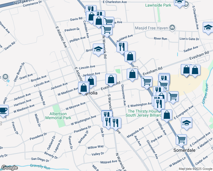 map of restaurants, bars, coffee shops, grocery stores, and more near 101 Evesham Road in Magnolia