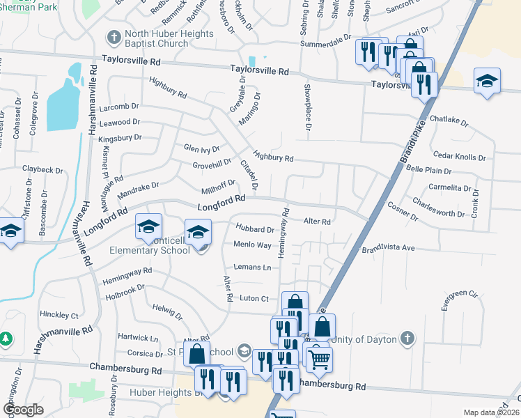 map of restaurants, bars, coffee shops, grocery stores, and more near 6733 Alter Road in Dayton