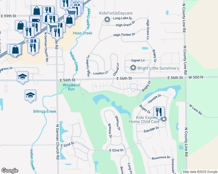 map of restaurants, bars, coffee shops, grocery stores, and more near 11361 Winding Wood Ct in Indianapolis