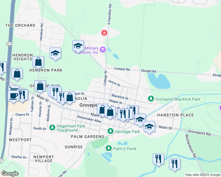 map of restaurants, bars, coffee shops, grocery stores, and more near 115 Church Street in Groveport