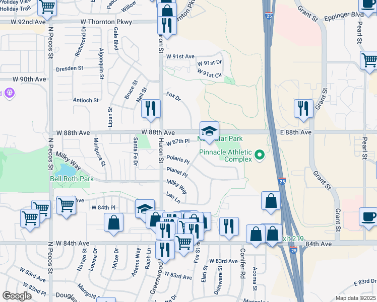 map of restaurants, bars, coffee shops, grocery stores, and more near 652 Galaxy Circle in Thornton