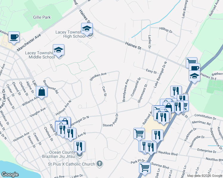 map of restaurants, bars, coffee shops, grocery stores, and more near 455 Steuben Avenue in Lacey Township