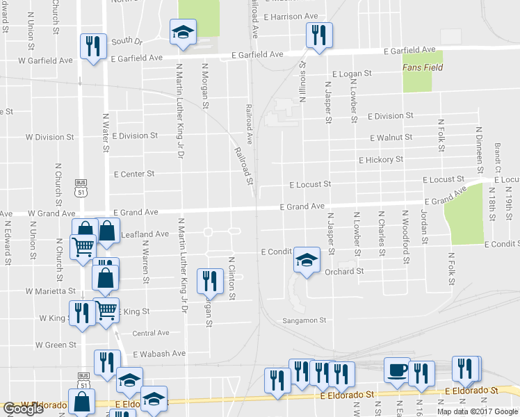 map of restaurants, bars, coffee shops, grocery stores, and more near 905 East Grand Avenue in Decatur