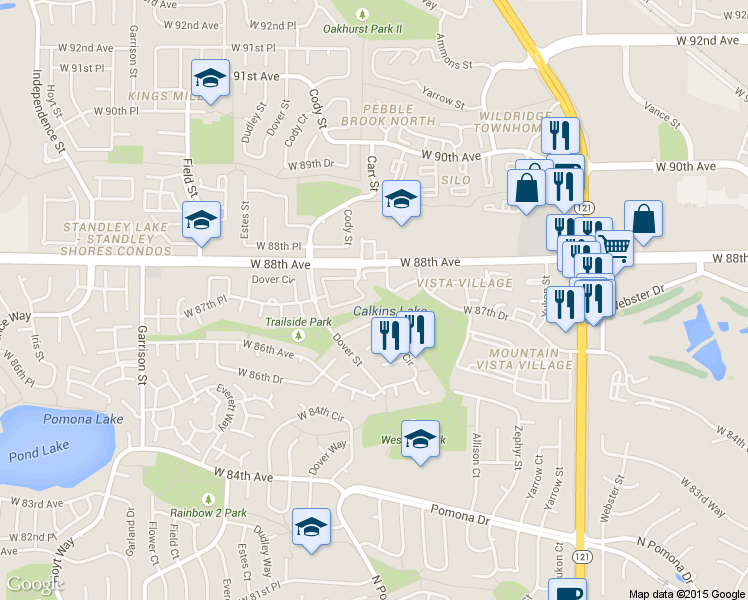 map of restaurants, bars, coffee shops, grocery stores, and more near 8630 Carr Loop in Westminster