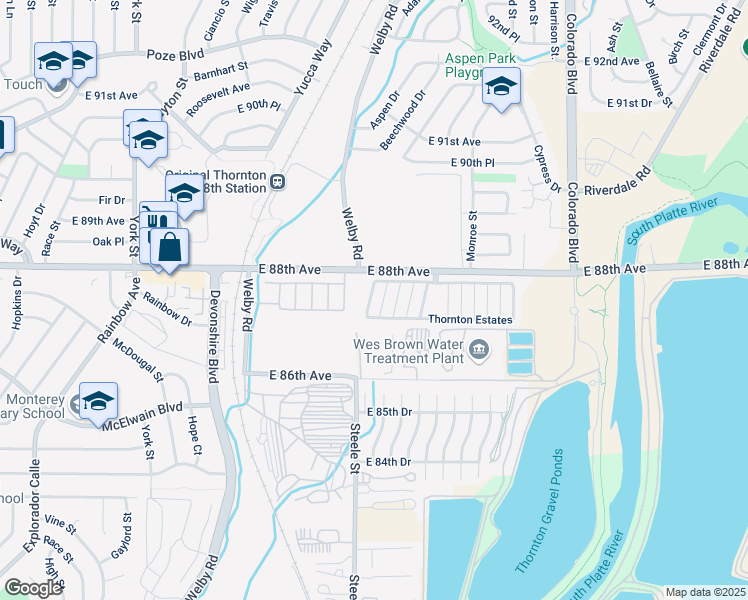 map of restaurants, bars, coffee shops, grocery stores, and more near Thornton Estates in Thornton