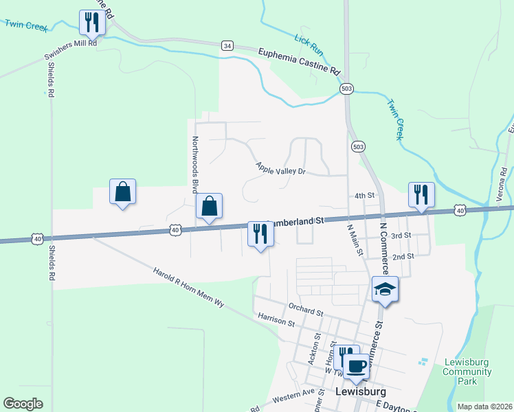 map of restaurants, bars, coffee shops, grocery stores, and more near 122 Ronald Drive in Lewisburg
