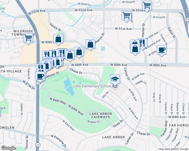 map of restaurants, bars, coffee shops, grocery stores, and more near 8749 Chase Drive in Arvada