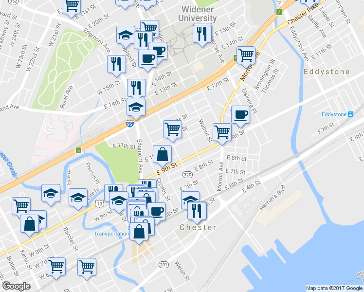 map of restaurants, bars, coffee shops, grocery stores, and more near 415 East 10th Street in Chester