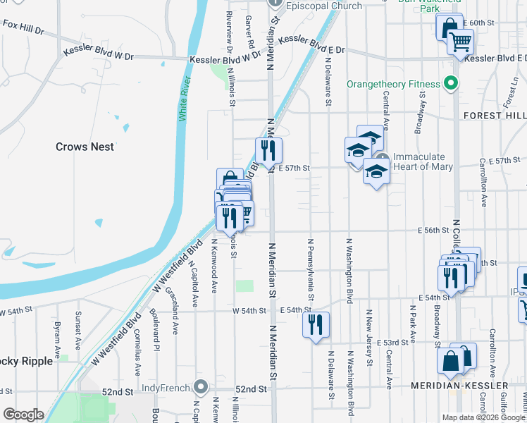 map of restaurants, bars, coffee shops, grocery stores, and more near 5630 North Meridian Street in Indianapolis