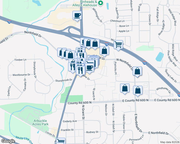 map of restaurants, bars, coffee shops, grocery stores, and more near 905 North Green Street in Brownsburg