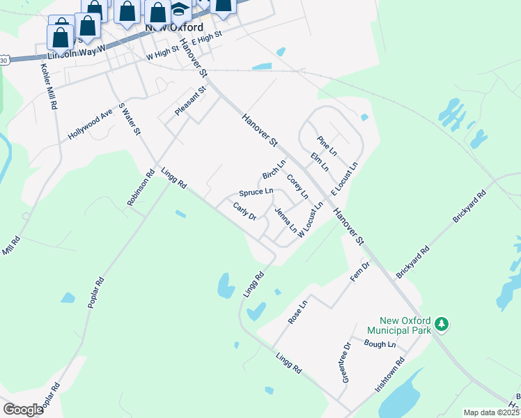 map of restaurants, bars, coffee shops, grocery stores, and more near 9 Carly Dr in New Oxford