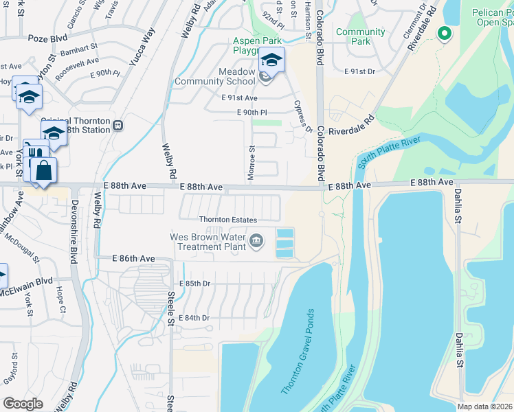 map of restaurants, bars, coffee shops, grocery stores, and more near Thornton Estates in Thornton