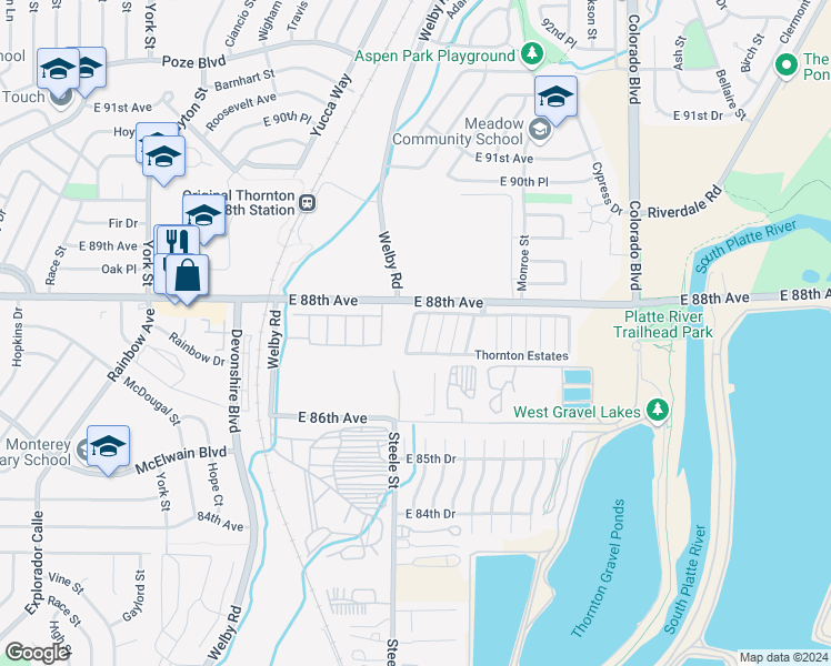 map of restaurants, bars, coffee shops, grocery stores, and more near Thornton Estates in Thornton