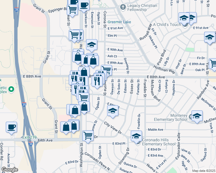 map of restaurants, bars, coffee shops, grocery stores, and more near 8760 Corona Street in Thornton