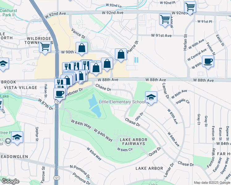 map of restaurants, bars, coffee shops, grocery stores, and more near 8767 Chase Drive in Arvada
