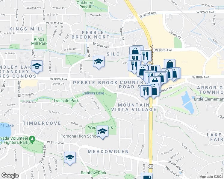 map of restaurants, bars, coffee shops, grocery stores, and more near 8783 West 87th Drive in Westminster