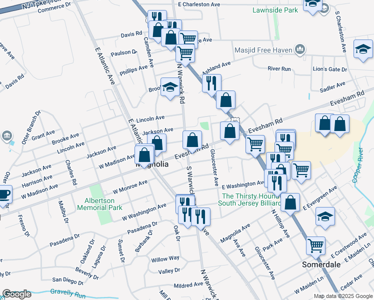 map of restaurants, bars, coffee shops, grocery stores, and more near 101 Evesham Road in Magnolia