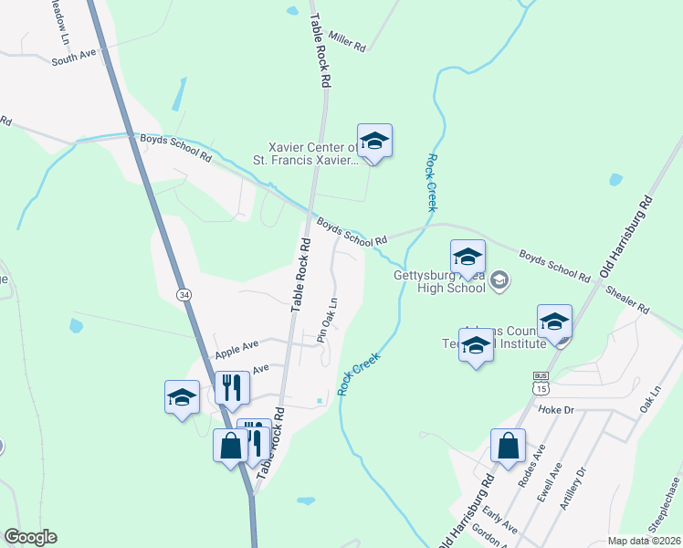 map of restaurants, bars, coffee shops, grocery stores, and more near 58 Pin Oak Lane in Gettysburg