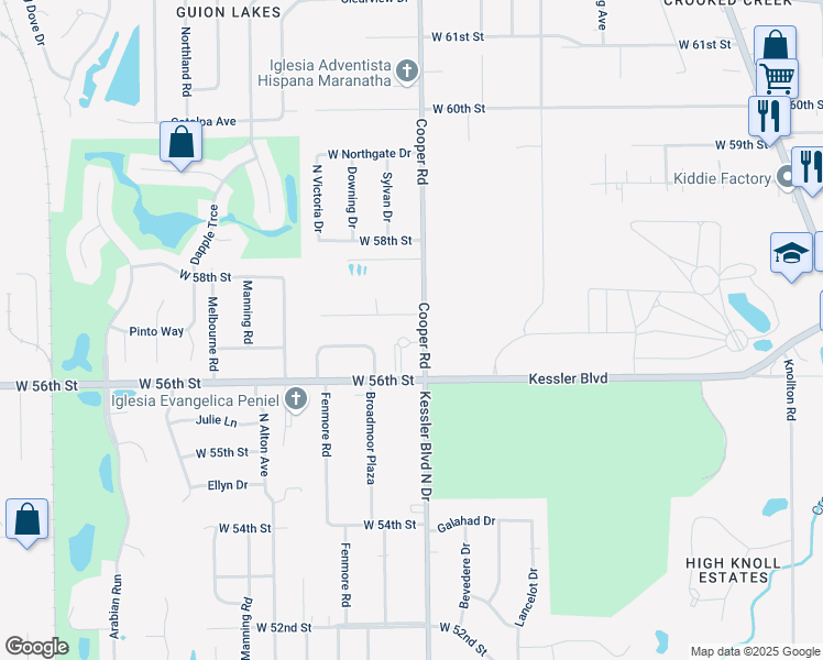 map of restaurants, bars, coffee shops, grocery stores, and more near 5660 Cooper Road in Indianapolis