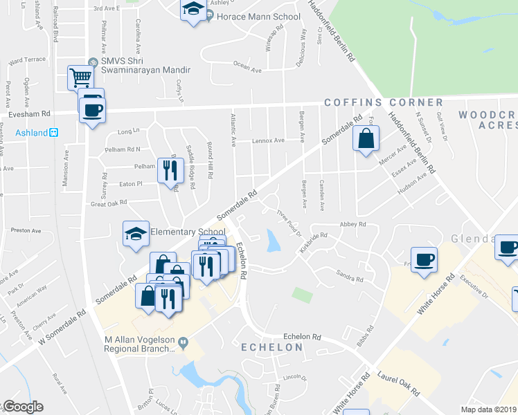map of restaurants, bars, coffee shops, grocery stores, and more near 1010 Oaklyn Ct in Voorhees
