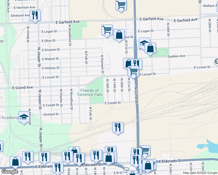 map of restaurants, bars, coffee shops, grocery stores, and more near 1250 North 18th Street in Decatur