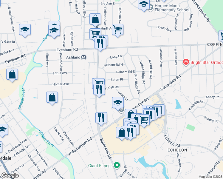 map of restaurants, bars, coffee shops, grocery stores, and more near 109 Acorn Lane in Voorhees Township