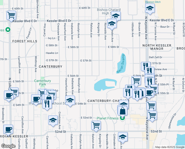 map of restaurants, bars, coffee shops, grocery stores, and more near 5601 Ralston Ave in Indianapolis