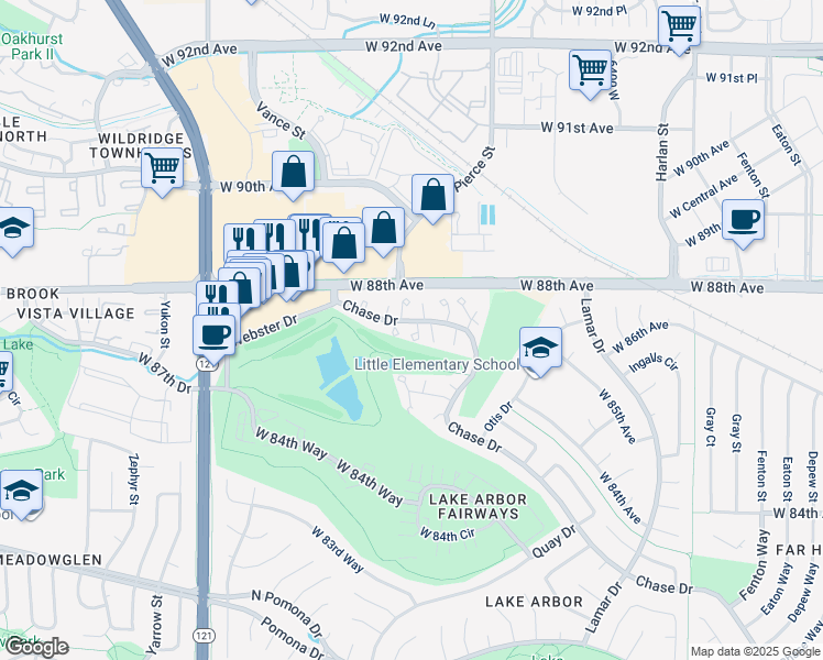 map of restaurants, bars, coffee shops, grocery stores, and more near 8767 Chase Drive in Arvada