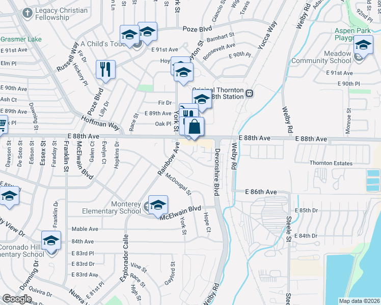 map of restaurants, bars, coffee shops, grocery stores, and more near 2387 Rainbow Dr in Thornton