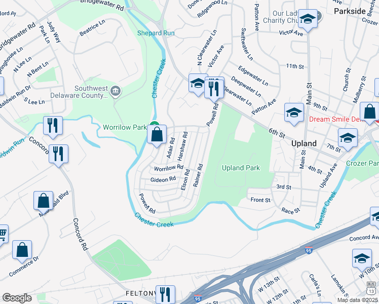 map of restaurants, bars, coffee shops, grocery stores, and more near 1316 Elson Road in Brookhaven