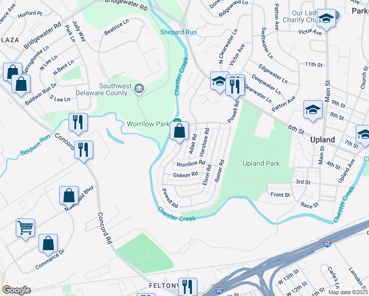 map of restaurants, bars, coffee shops, grocery stores, and more near 1343 Powell Road in Brookhaven