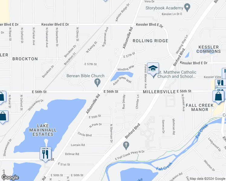 map of restaurants, bars, coffee shops, grocery stores, and more near 8 Arbor Green Lane in Indianapolis