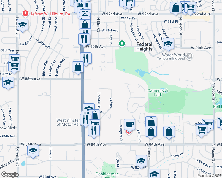 map of restaurants, bars, coffee shops, grocery stores, and more near 8775 Clay Street in Westminster