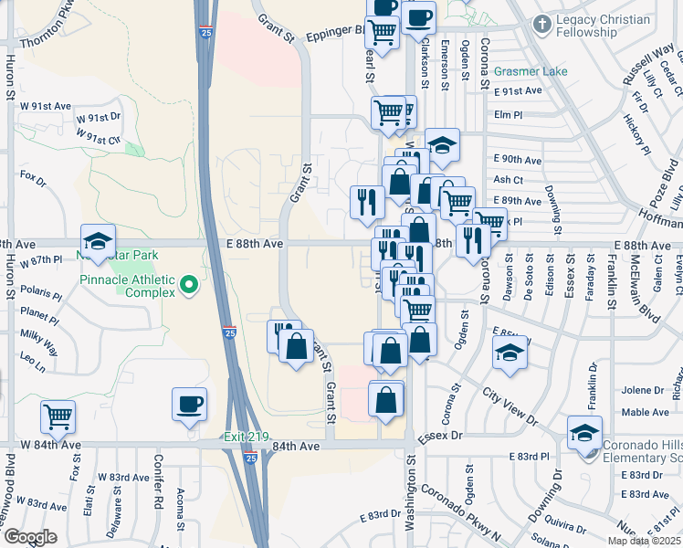 map of restaurants, bars, coffee shops, grocery stores, and more near 378 East 88th Avenue in Thornton