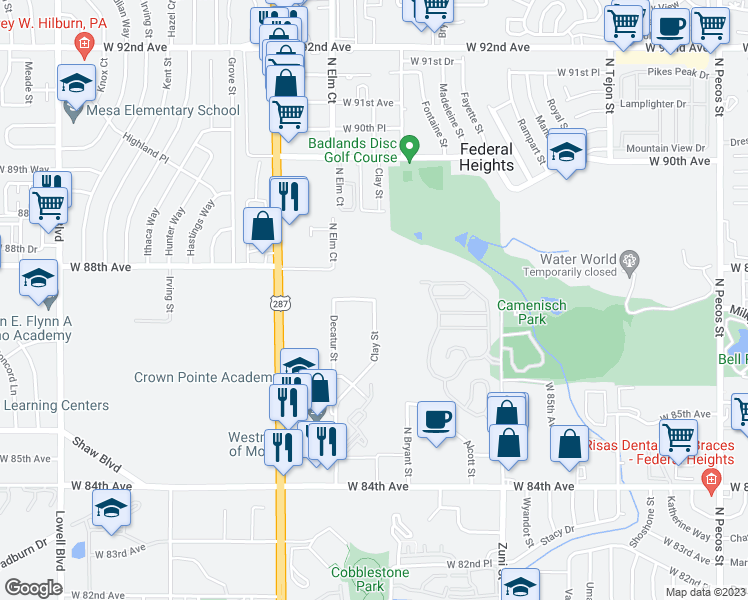 map of restaurants, bars, coffee shops, grocery stores, and more near 8775 Clay Street in Westminster