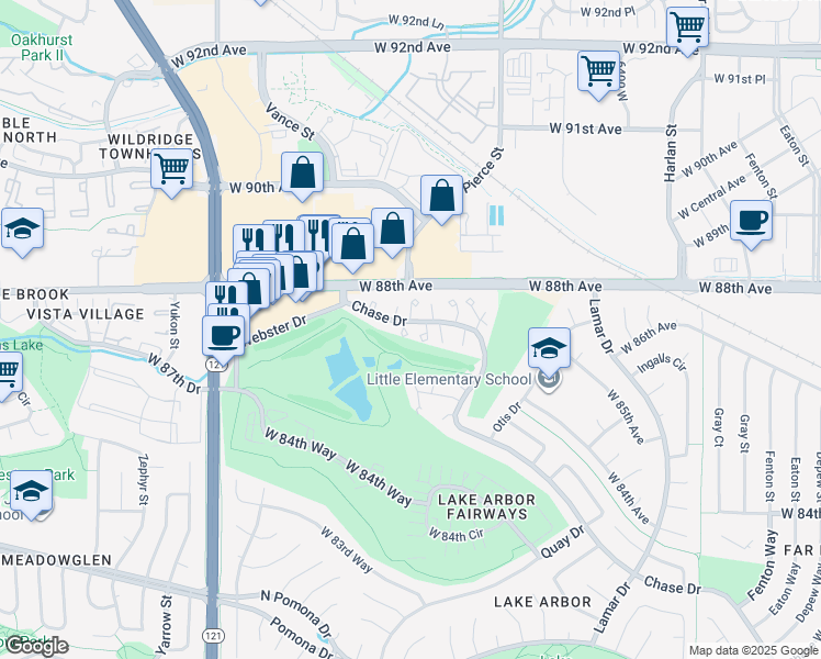 map of restaurants, bars, coffee shops, grocery stores, and more near 8767 Chase Drive in Arvada
