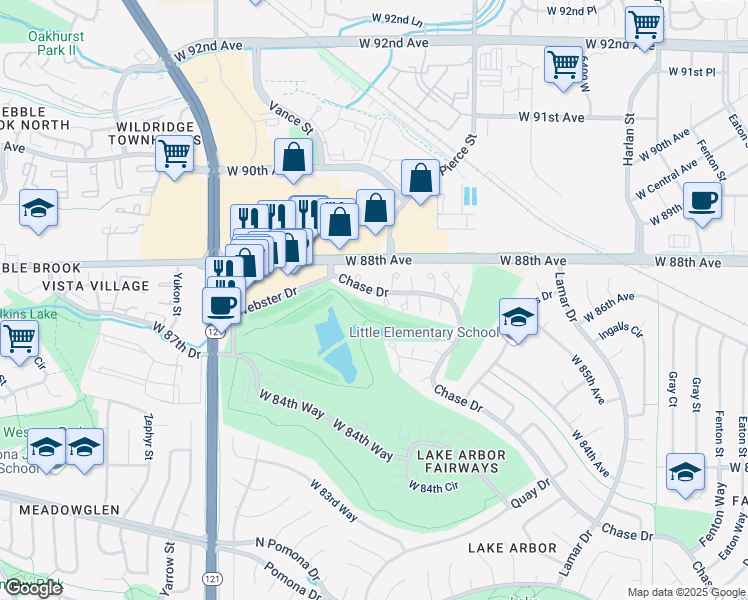 map of restaurants, bars, coffee shops, grocery stores, and more near 8783 Chase Drive in Arvada