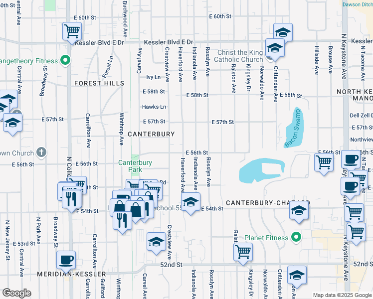 map of restaurants, bars, coffee shops, grocery stores, and more near 5601 Haverford Avenue in Indianapolis