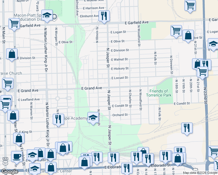 map of restaurants, bars, coffee shops, grocery stores, and more near 1201 East Grand Avenue in Decatur