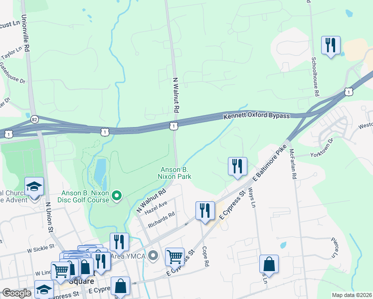 map of restaurants, bars, coffee shops, grocery stores, and more near 410 North Walnut Road in Kennett Square