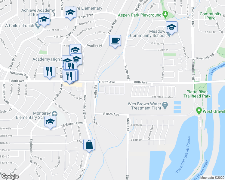 map of restaurants, bars, coffee shops, grocery stores, and more near 3180 East 88th Avenue in Thornton