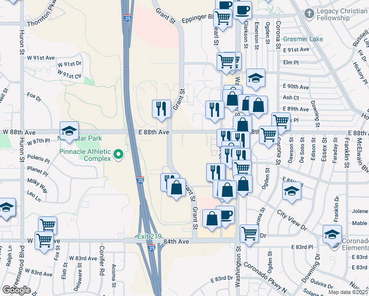 map of restaurants, bars, coffee shops, grocery stores, and more near 368 East 88th Avenue in Thornton