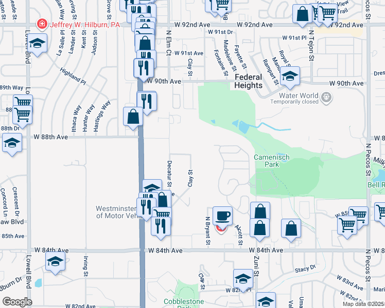 map of restaurants, bars, coffee shops, grocery stores, and more near 8685 Clay Street in Westminster