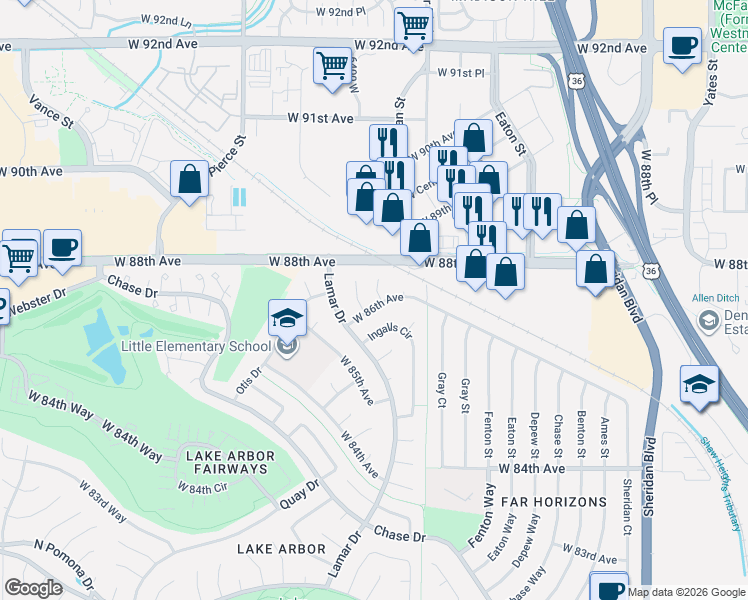 map of restaurants, bars, coffee shops, grocery stores, and more near 6226 West 86th Avenue in Arvada