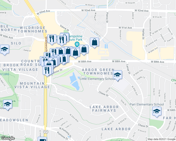 map of restaurants, bars, coffee shops, grocery stores, and more near 8767 Chase Drive in Arvada